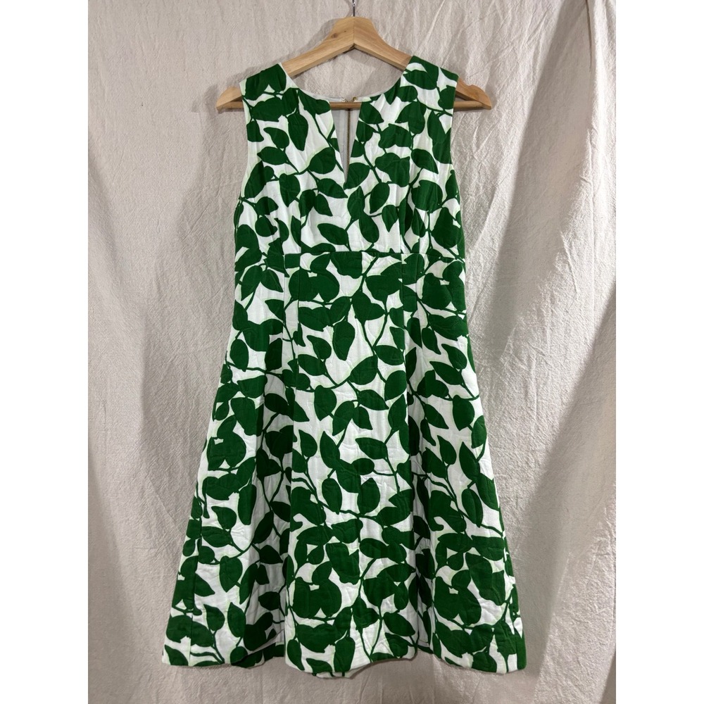 Kate Spade Green White Leaf Print Quilted Cotton Fit Flare Dress 4 NJMU3632